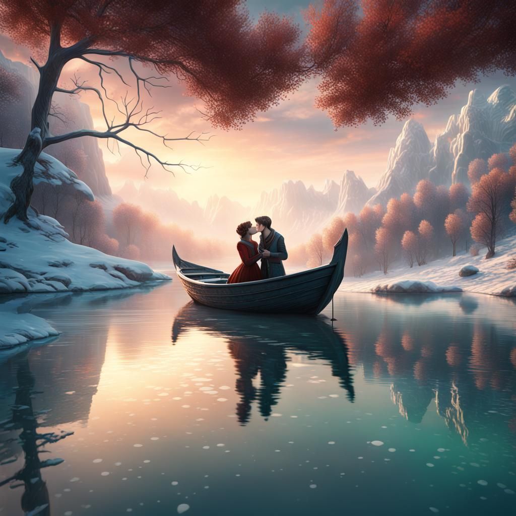 Boy and Woman Kissing on Boat in Winter Landscape