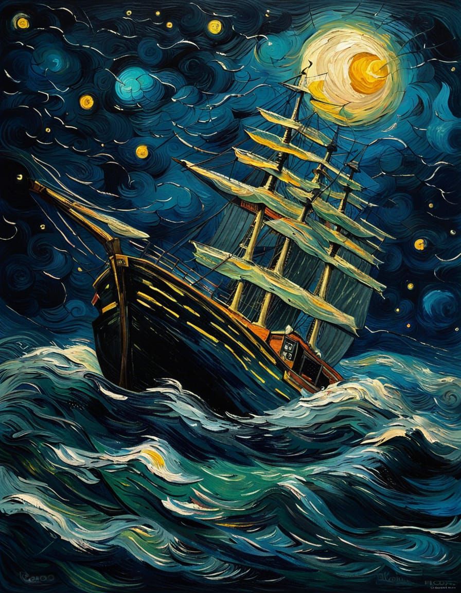 Night Ship Voyage as Impasto Oil Painting
