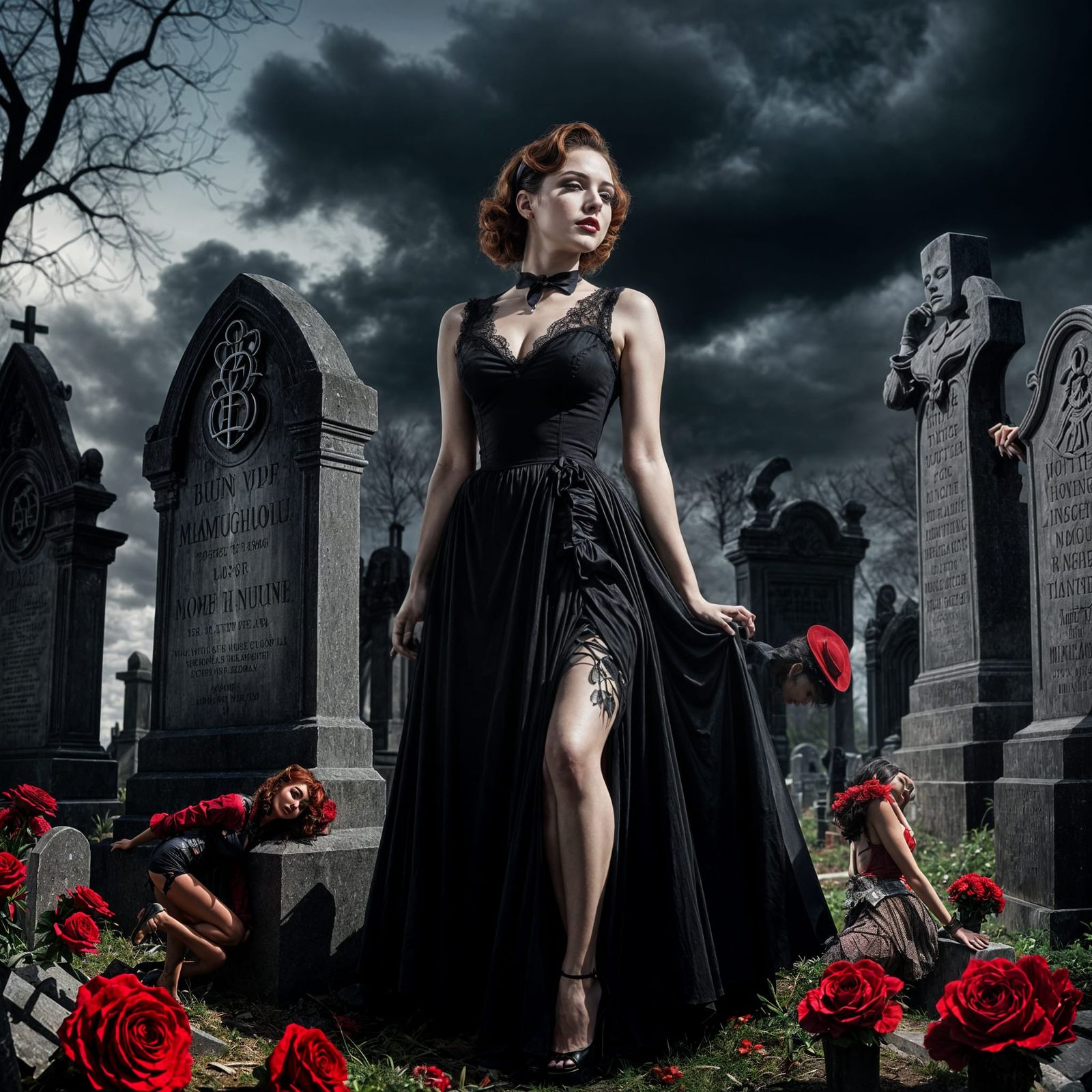 Noir Comic Woman Leans on Tombstone