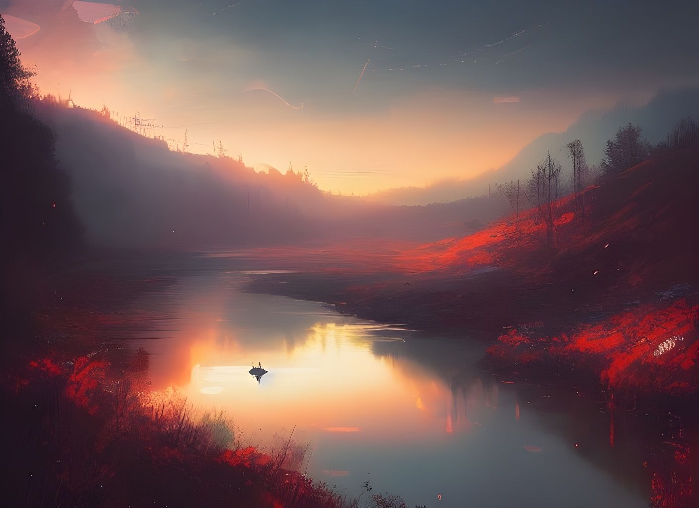 Spectacular River Landscape Painting with Bright Colors