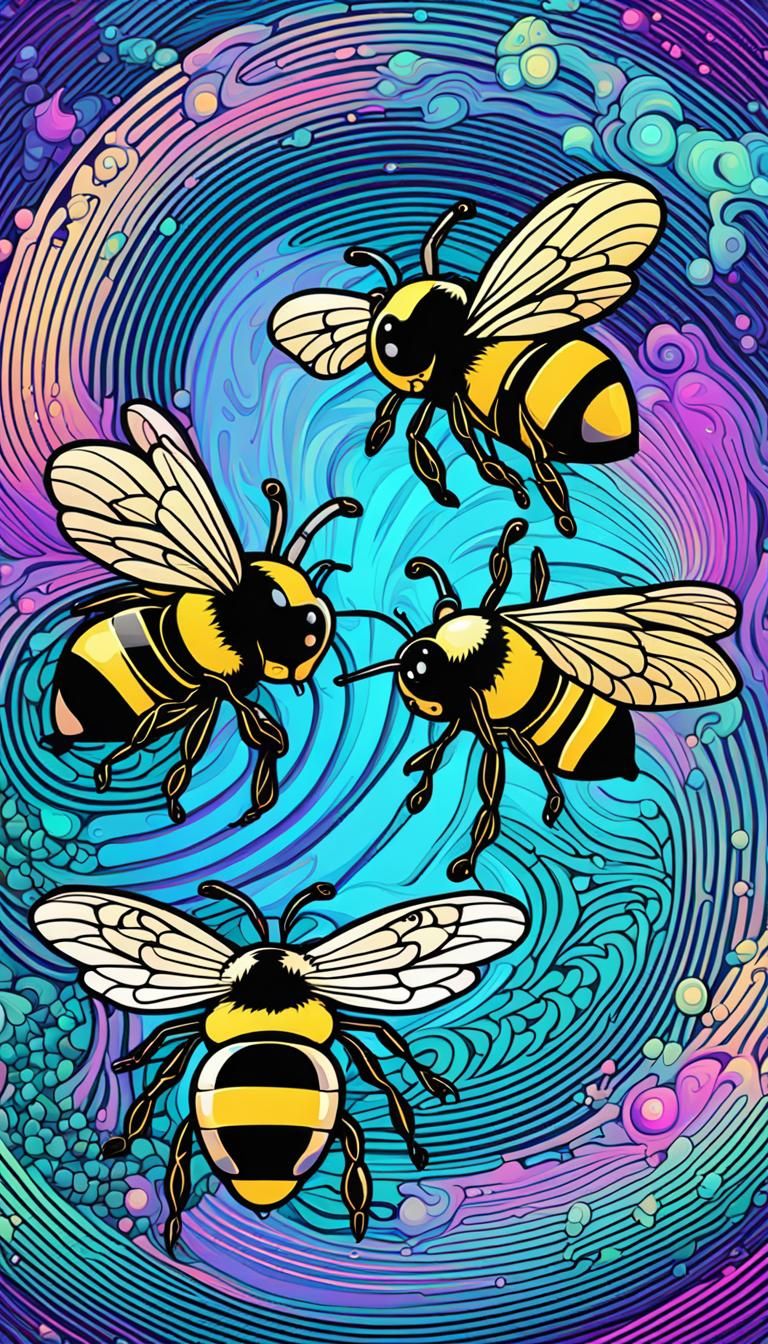 Holographic Vaporwave Yin Yang Bumble Bees Art