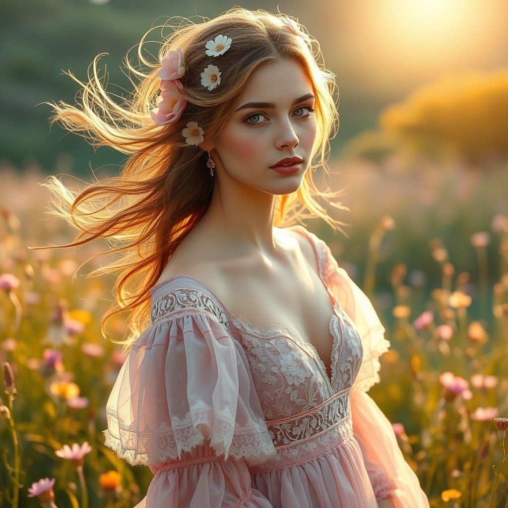 Art Nouveau Woman in Wildflower Field