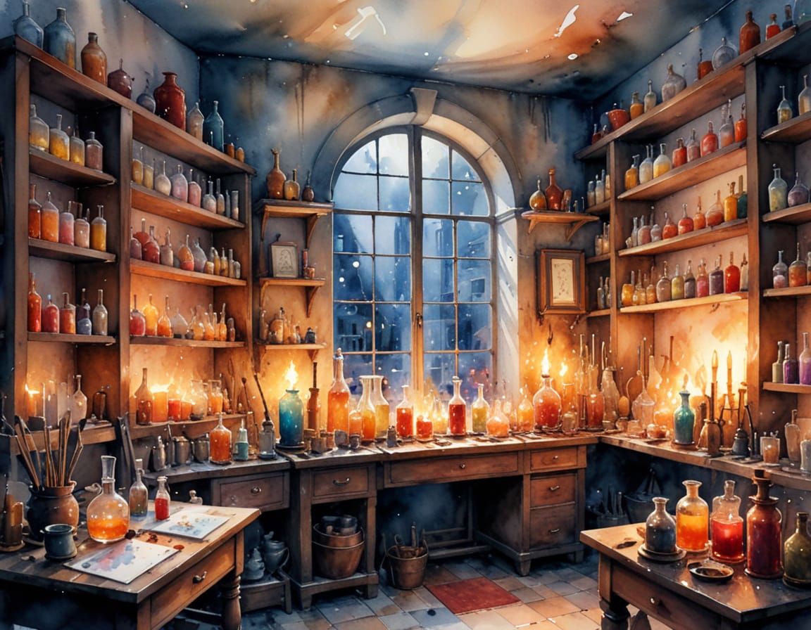 Alchemist's Workshop in Watercolor Painting Style