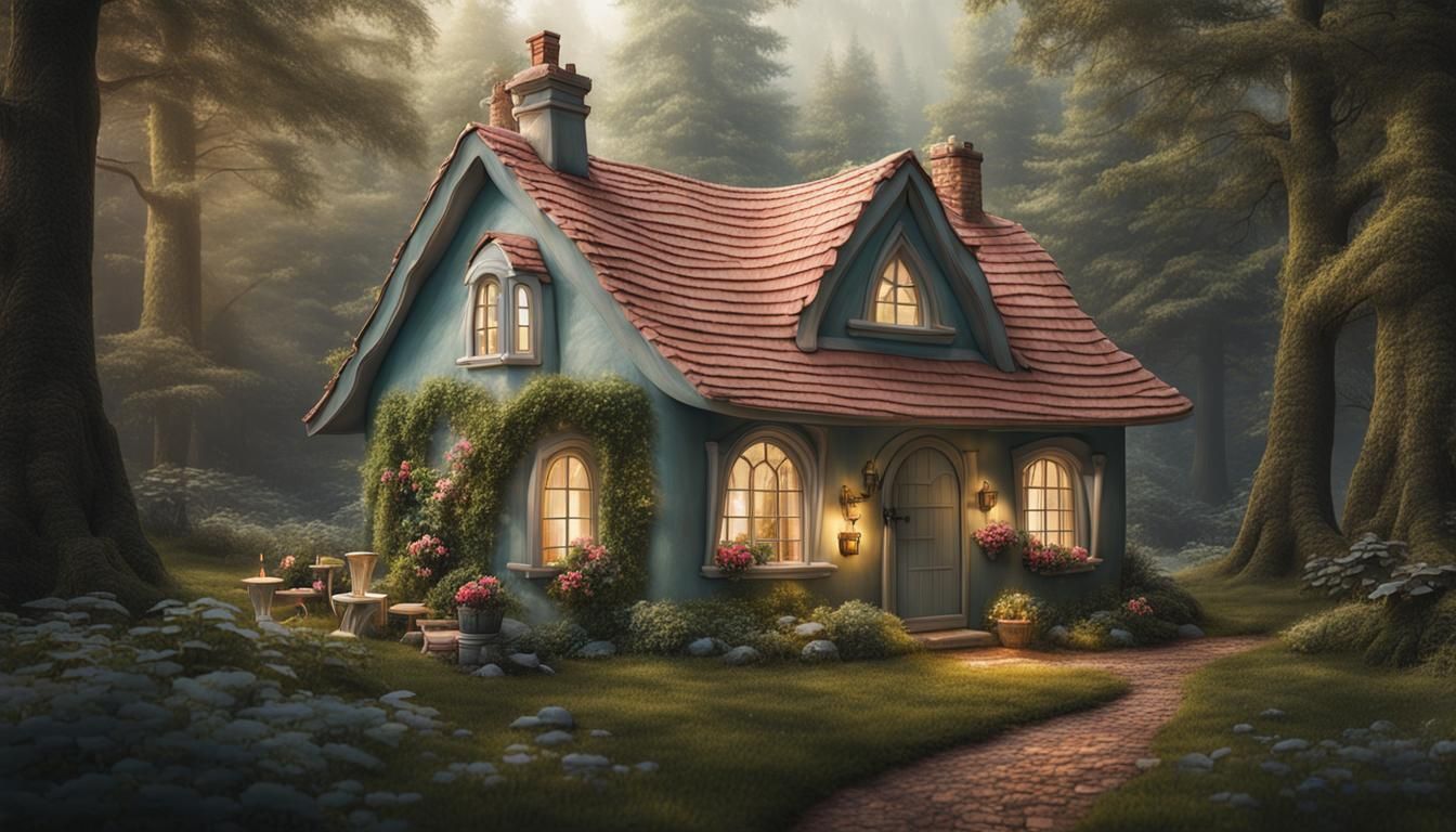 Whimsical Cottage in Forest, Hyperrealistic Photo