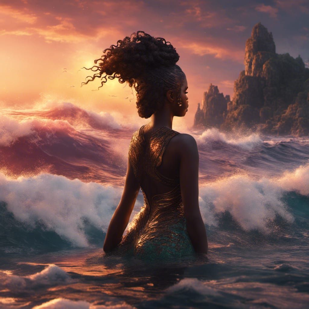Black Mermaid in Ocean Sunset: Fantasy Art