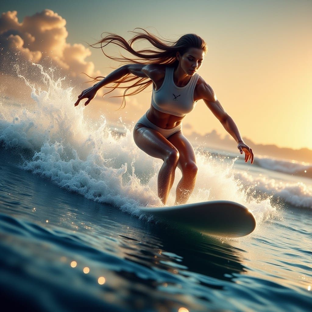 Woman Surfing in Hyperrealistic Portrait Style