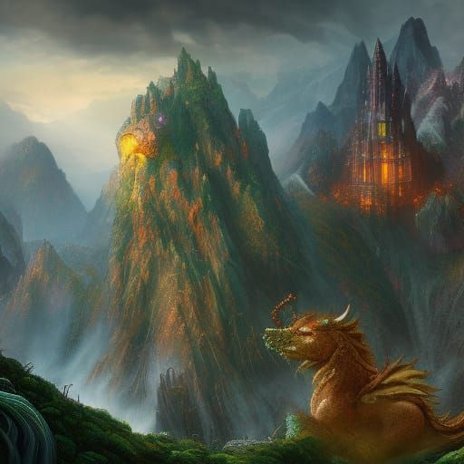 Mythical Realm with Fantastic Creatures, Detailed Matte Pain...