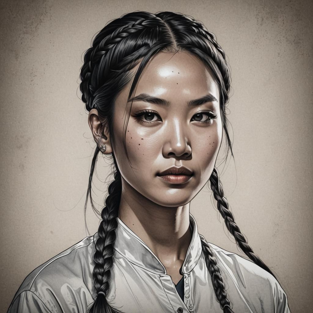 Asian Woman in Idol Attire: Charcoal Pencil Portrait