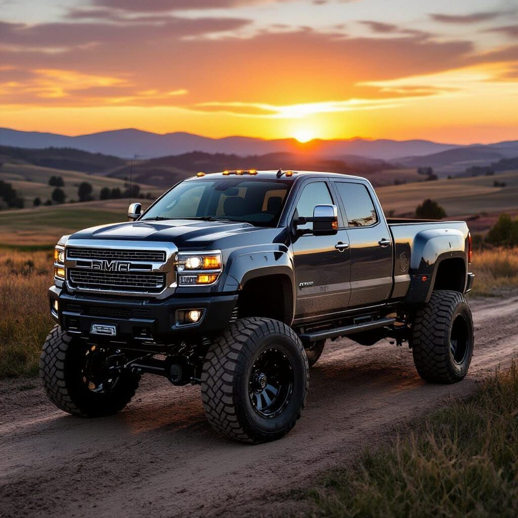 Lifted Dually Truck on Dirt Road at Sunset