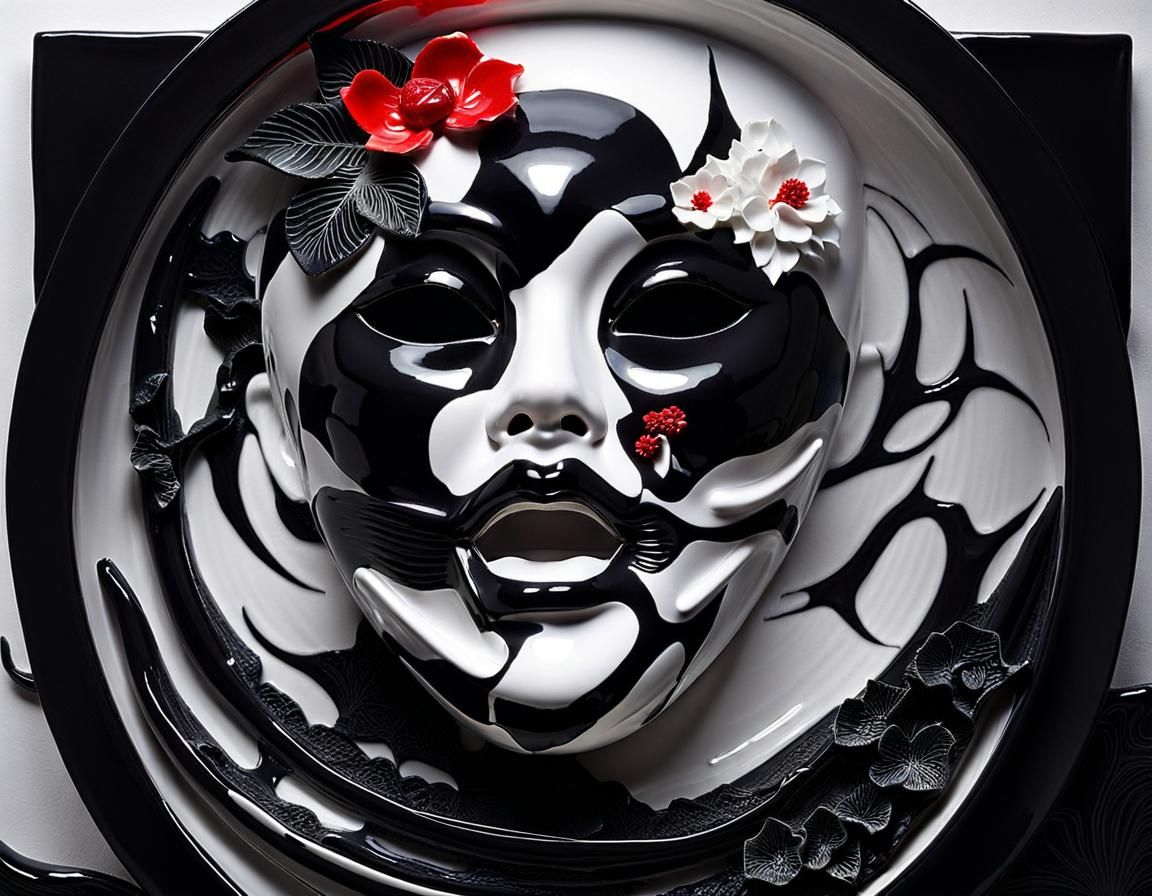 Surreal Japanese Ceramic Mask in Double Exposure Art