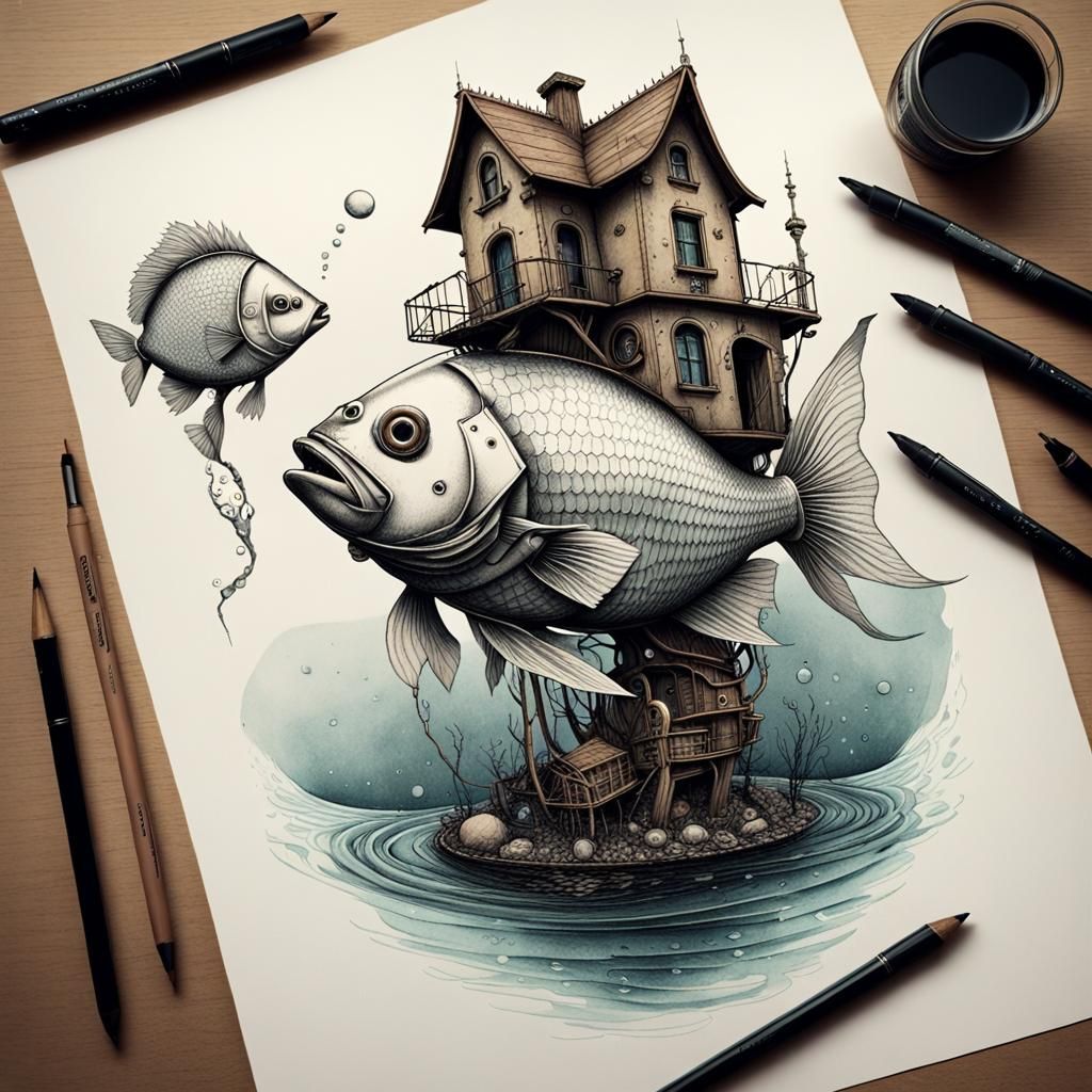 Steampunk Fish House: A Pop Surrealist Ink Drawing