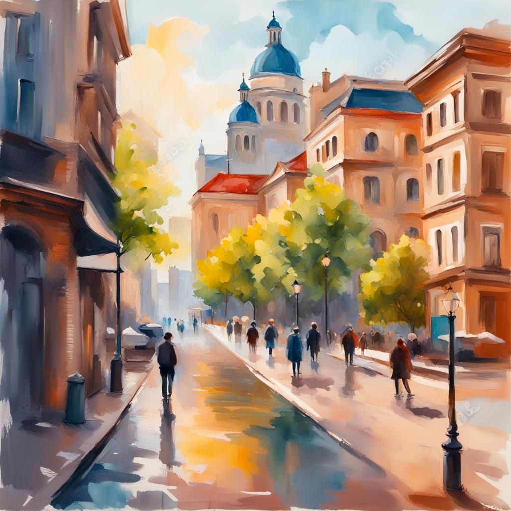 Gouache Cityscape in Impressionist Style