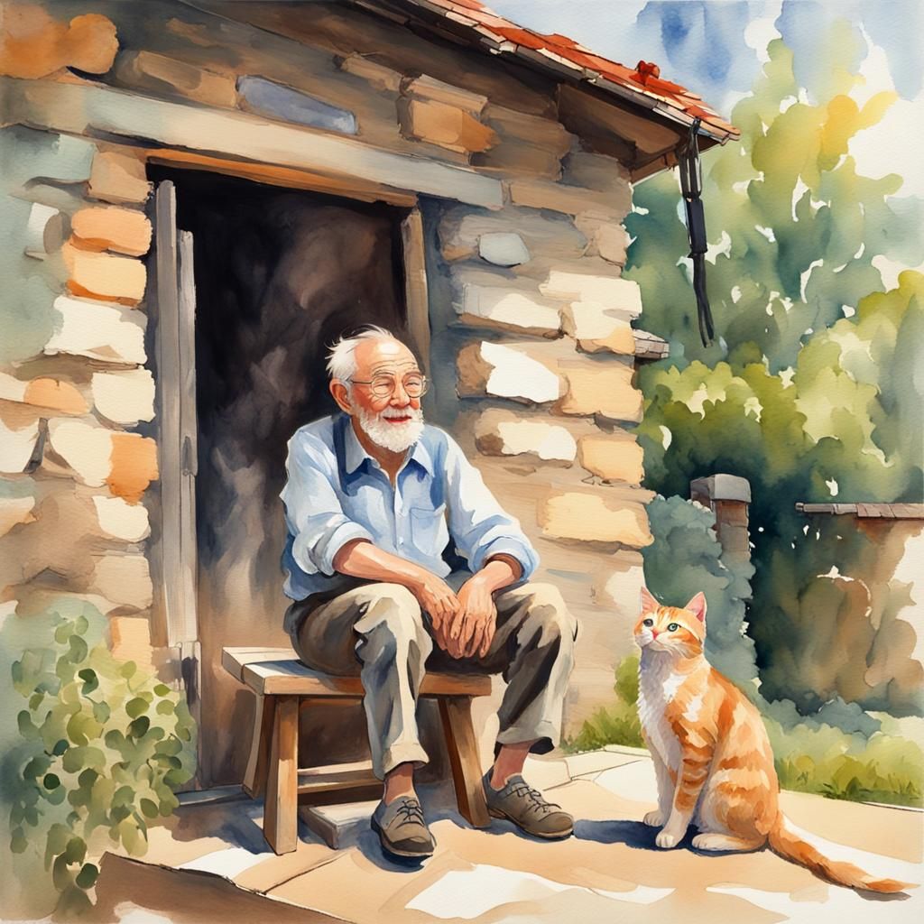 Laughing Man with Kitten in Watercolor Style