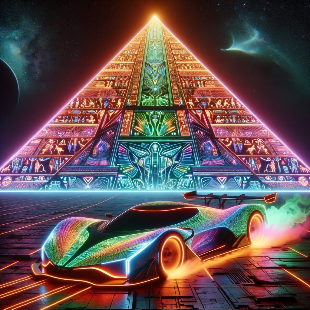 Iridescent Neon Supercar Races Down Pyramid