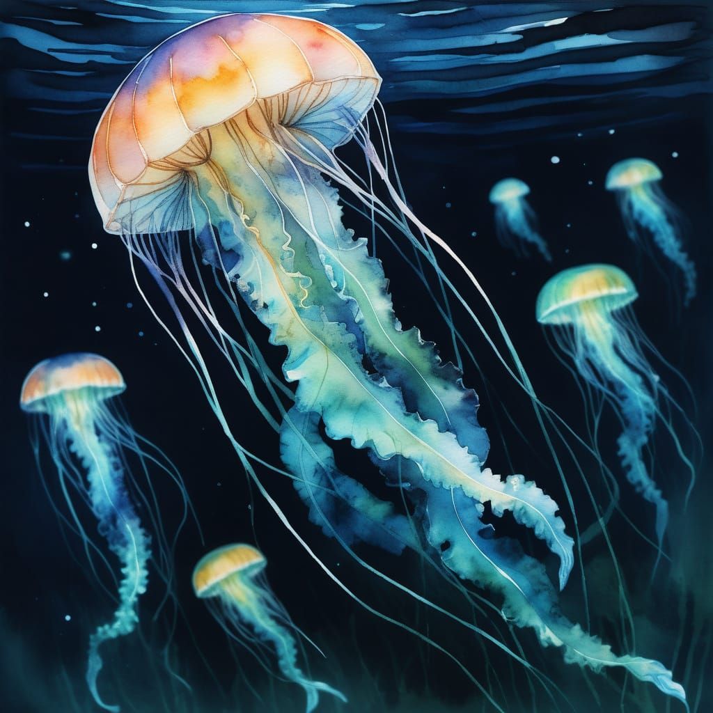 Bioluminescent Jellyfish in Watercolor Fantasy Art