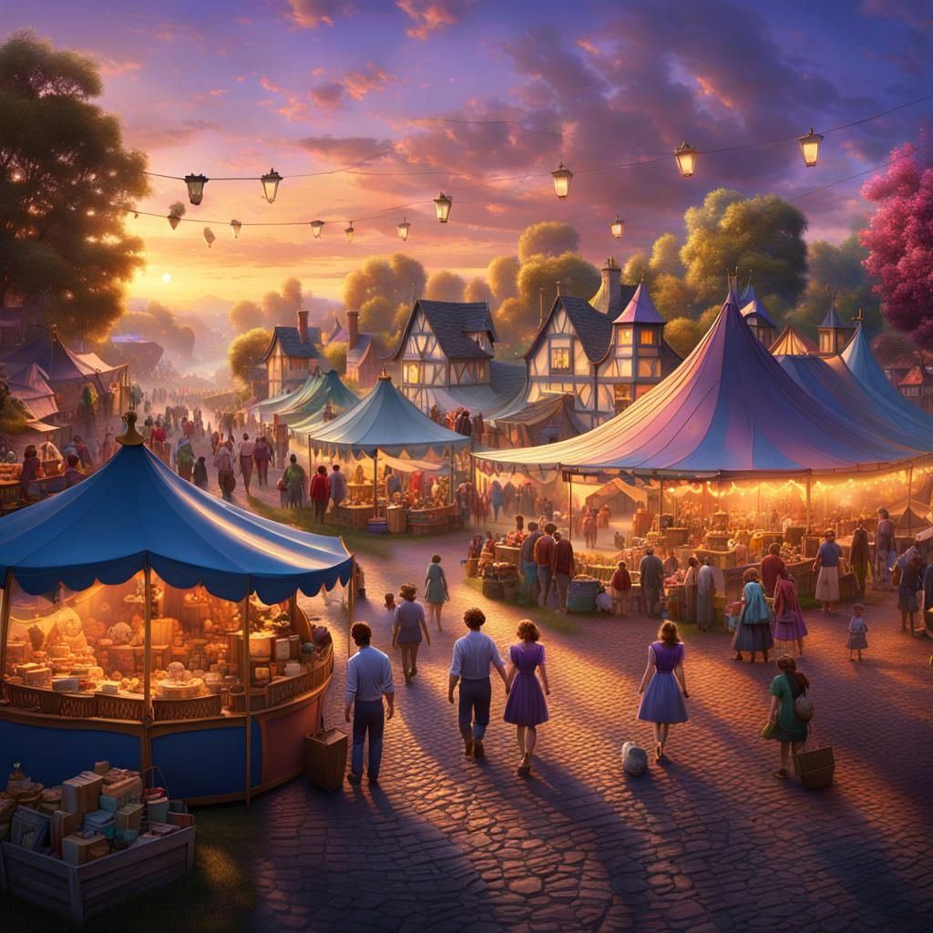 Country Fair at Sunset: Magic Realism Painting