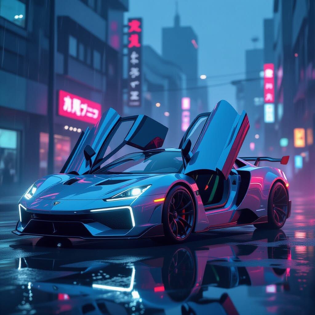 Neon Japanese Sports Car in Cyberpunk Cityscape