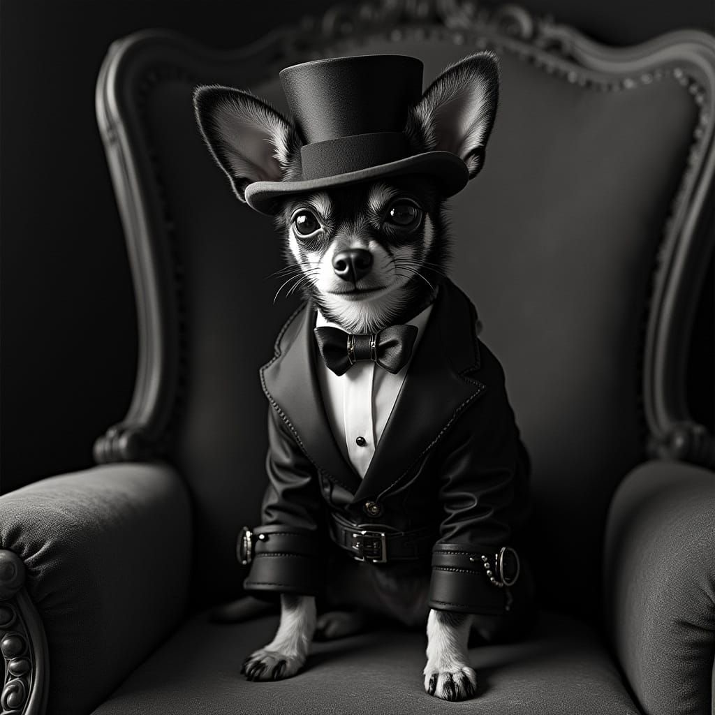 Steampunk Chihuahua Maltese in Tuxedo on Vintage Chair