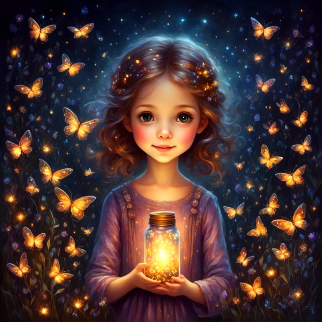 Girl with Fireflies: Night Meadow Oil Painting