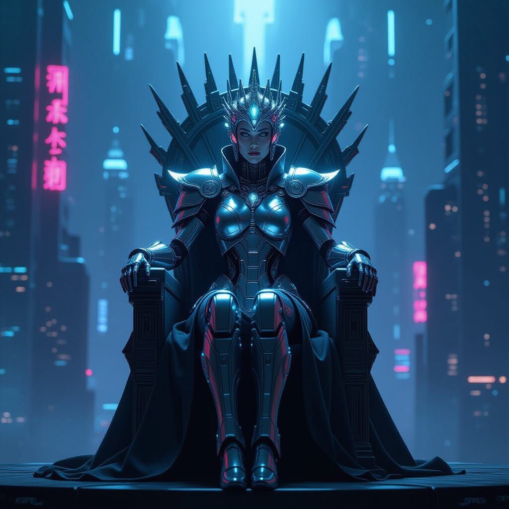 Regal Cyborg Queen on Starlight Throne
