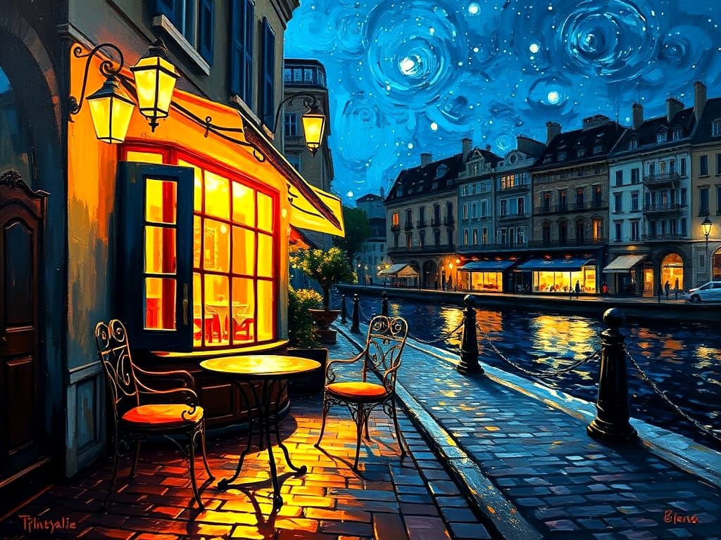 Cafe Terrace at Twilight: Impressionist Oil Painting