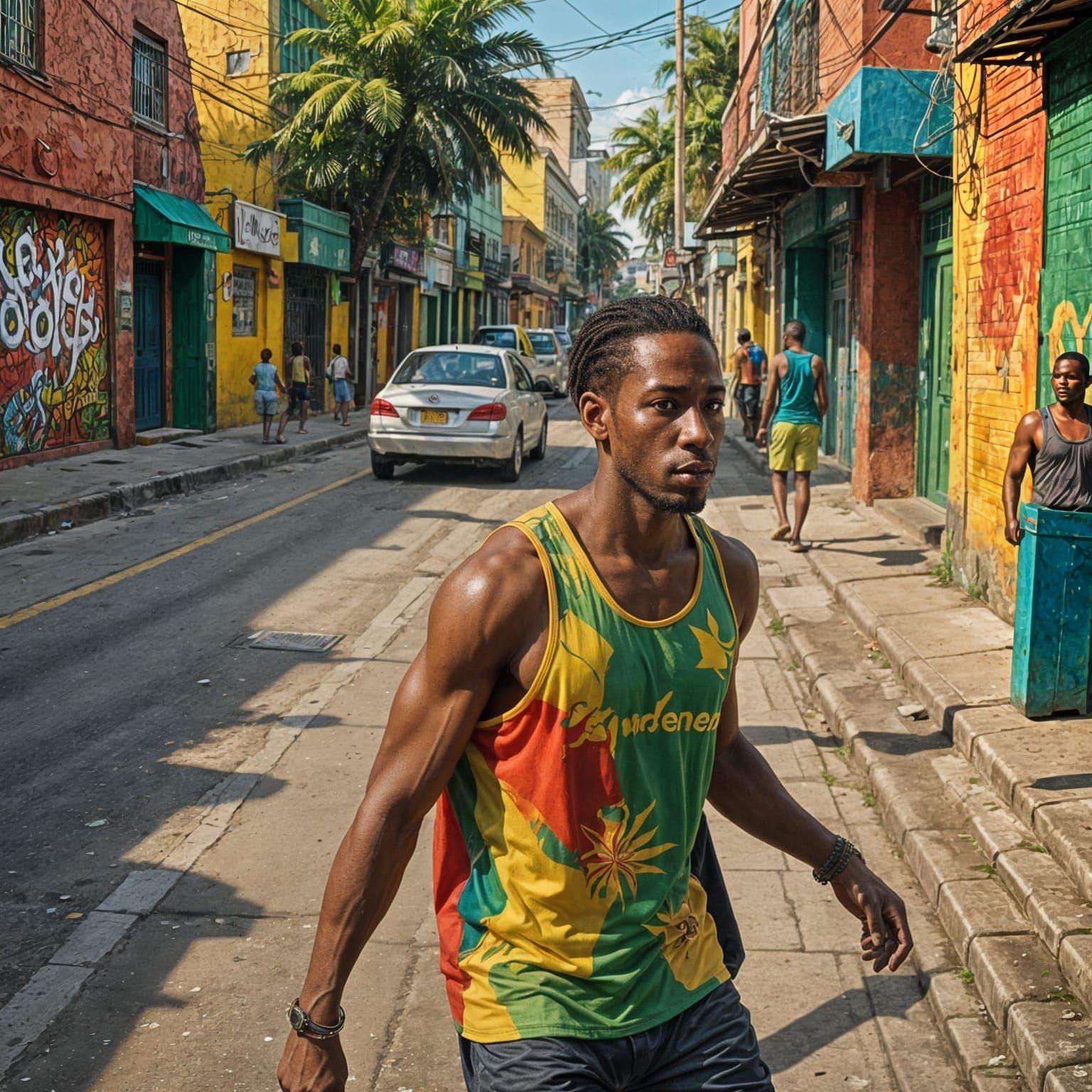 Jamaican Man Walking in Kingston: Hyperrealistic Splash Art