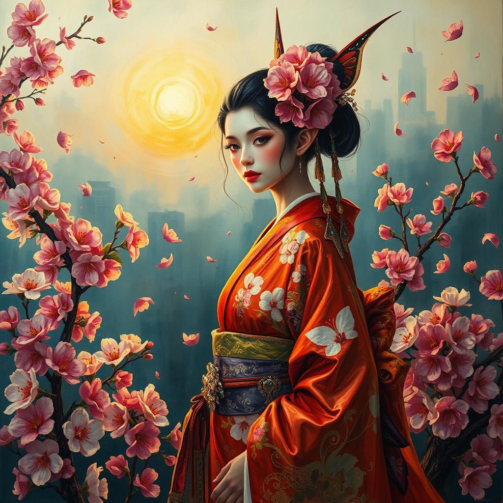 Geisha Fairy Elf in Cherry Blossoms, Impasto Style