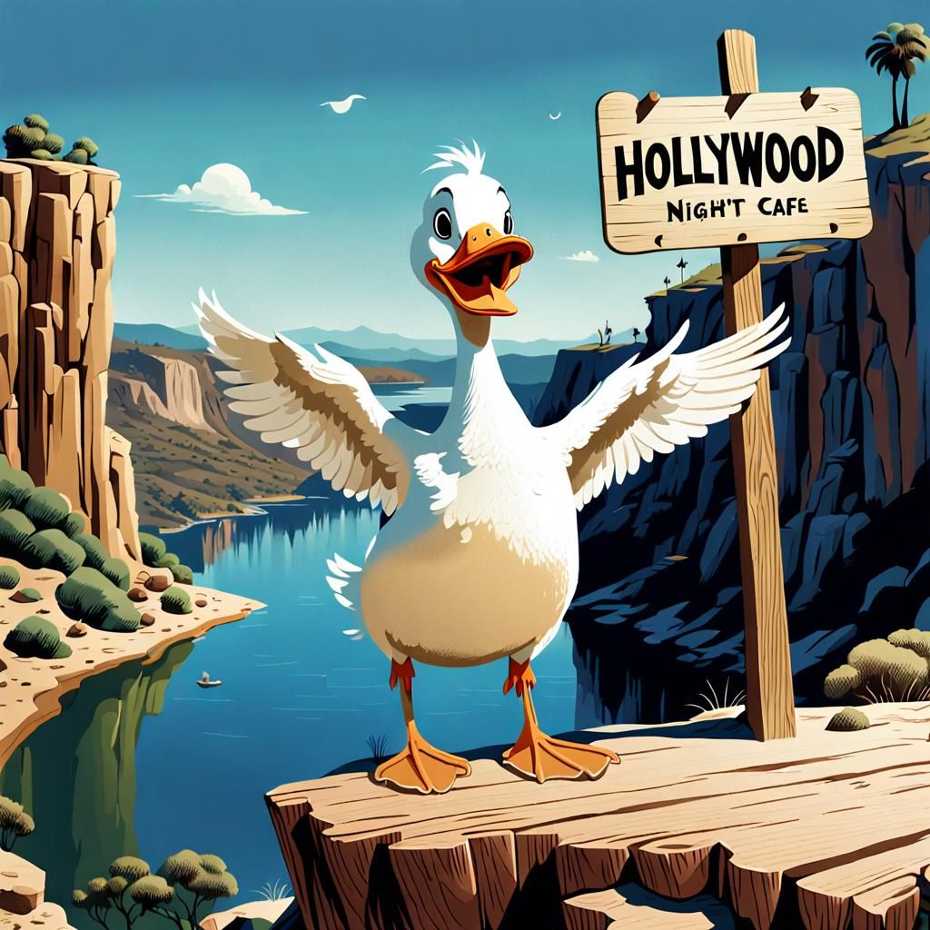 Prompt: a realistic cartoon duck holding its wings up in an I don't know gesture, looking confused, standing on a cliff ...