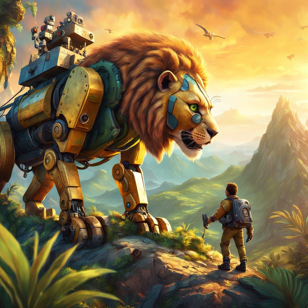 Lion Explorer and Robot Cat in Peru: Digital Art