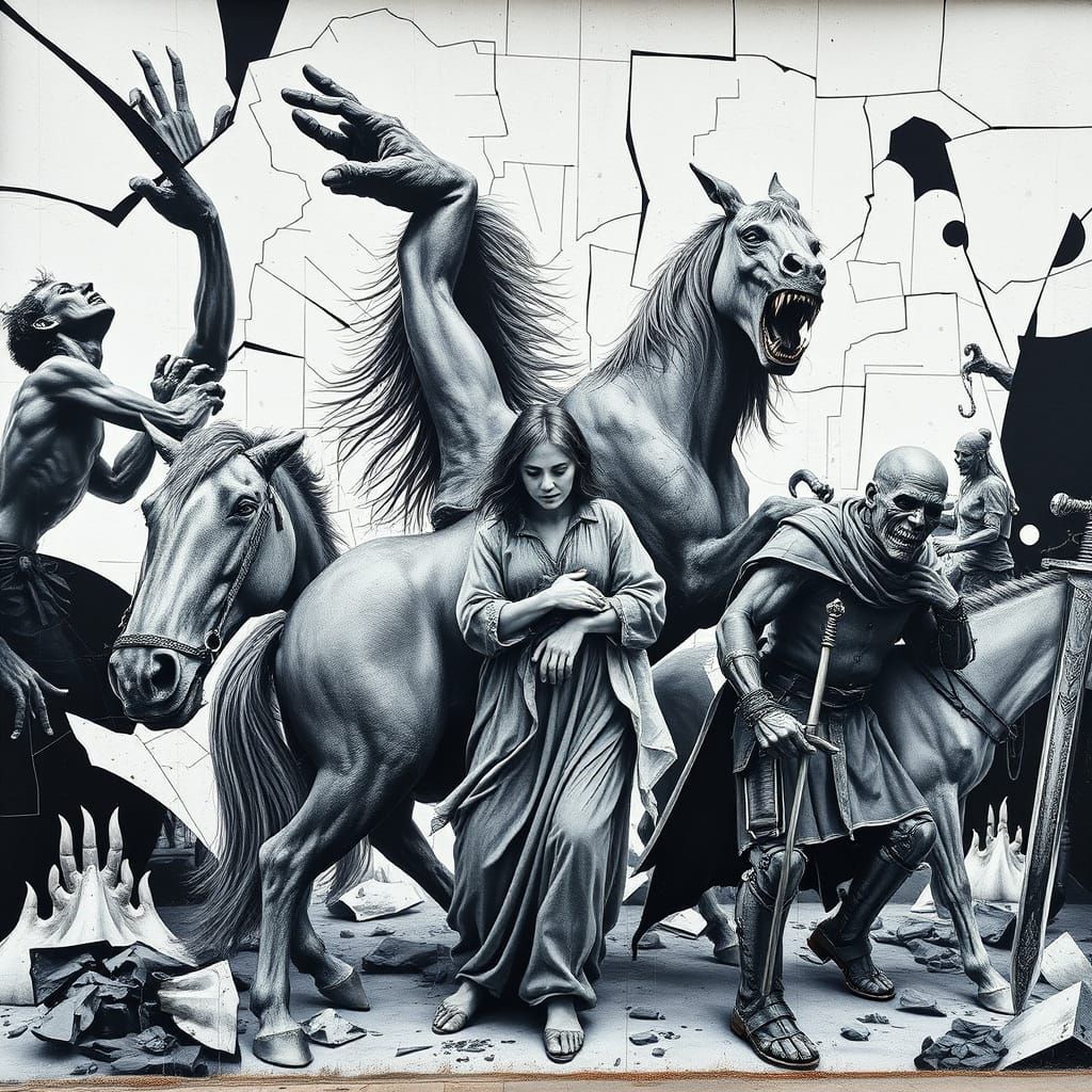 Monochromatic Mural of War-Torn Despair