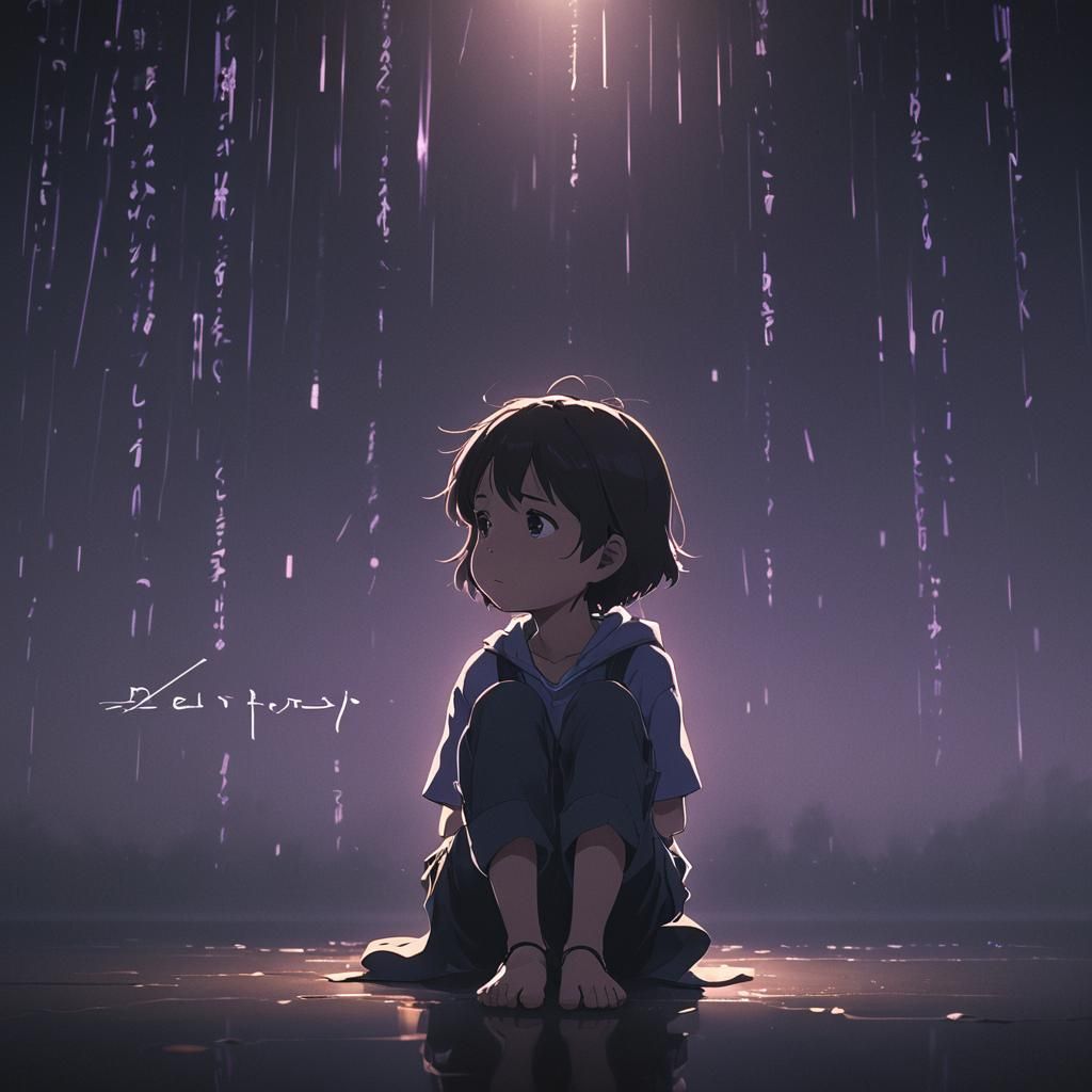 Emotional Anime Child in Darkness with Glowing Text