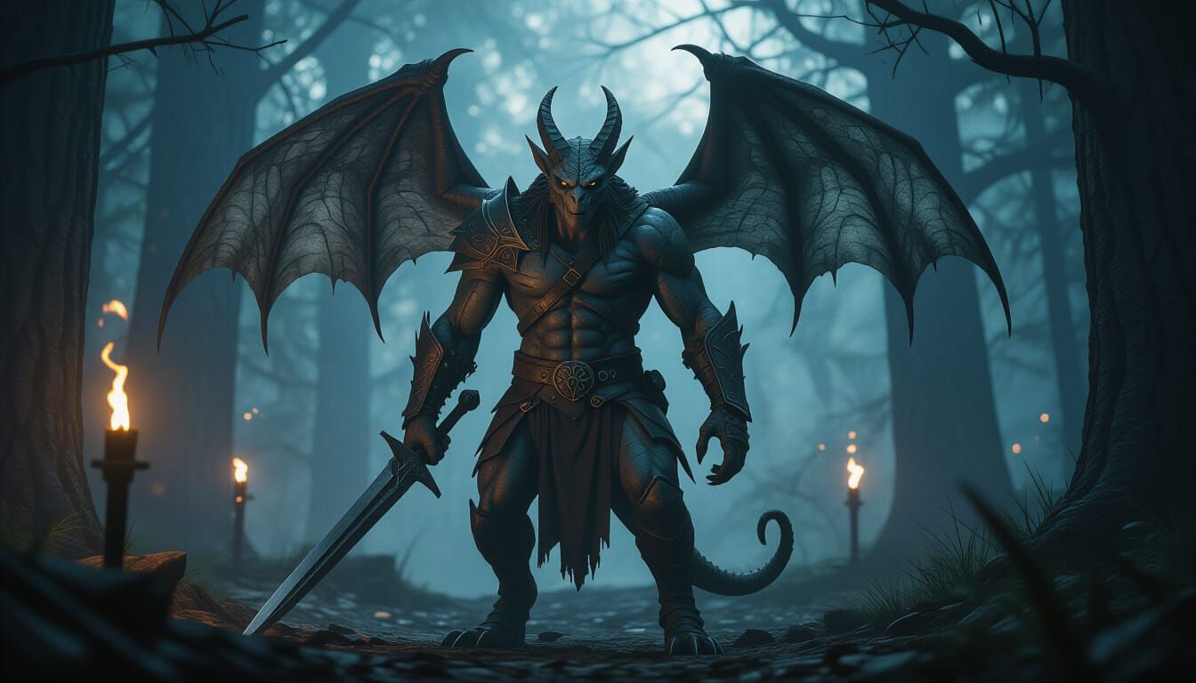 Photorealistic Gargoyle Creature in Shadowy Forest