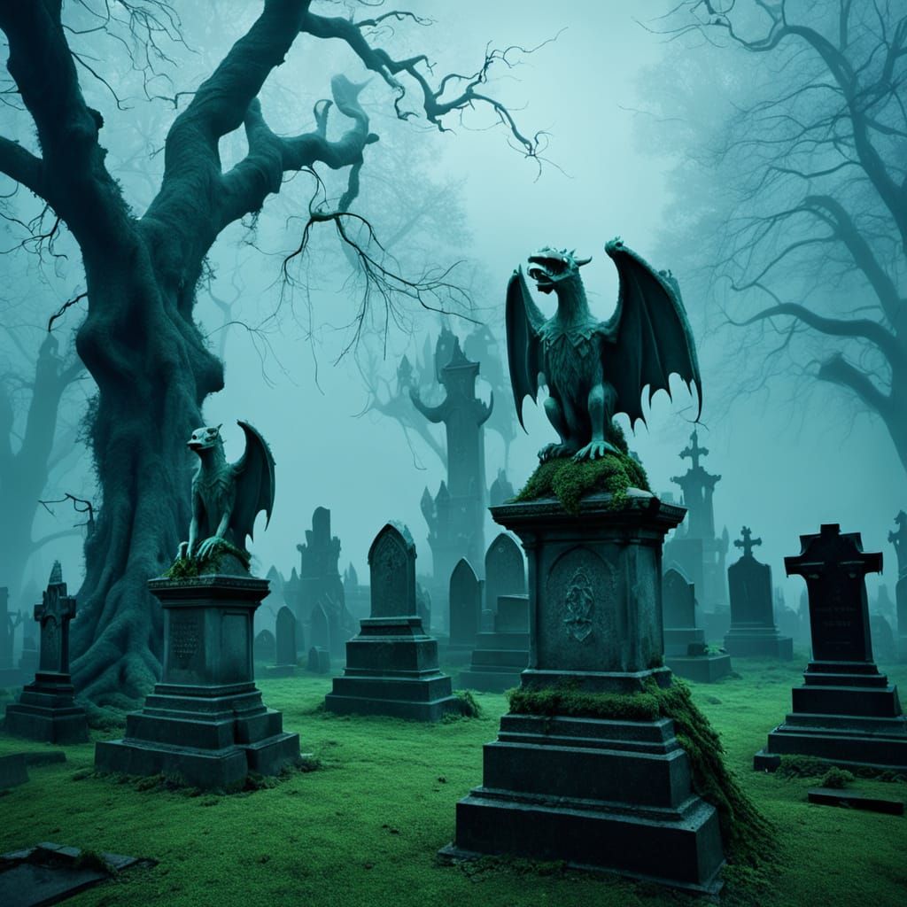 Eerie Gargoyles in a Foggy Gothic Cemetery