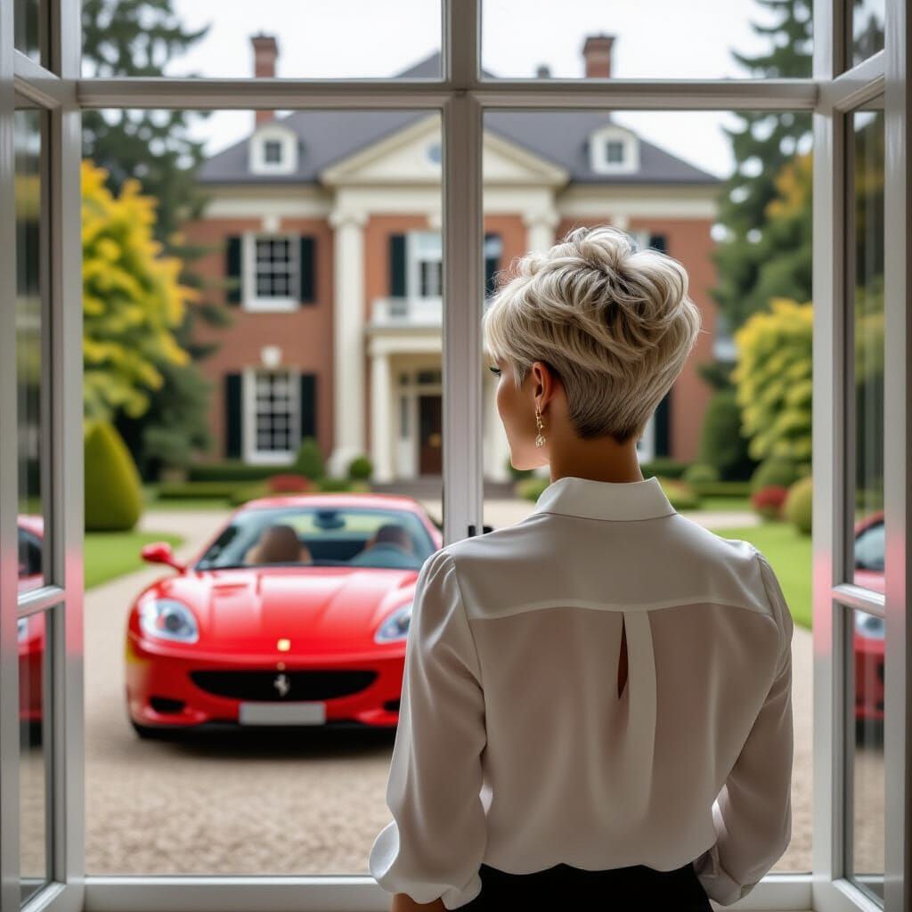 Woman in White Blouse Views Ferrari at Estate