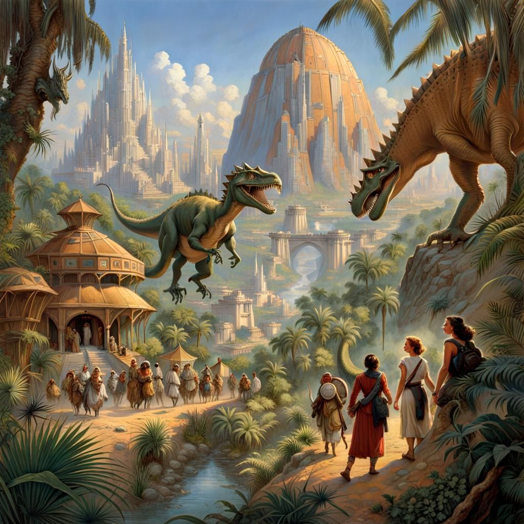 Breathtaking Dinotopia Scene with Dinopunk City