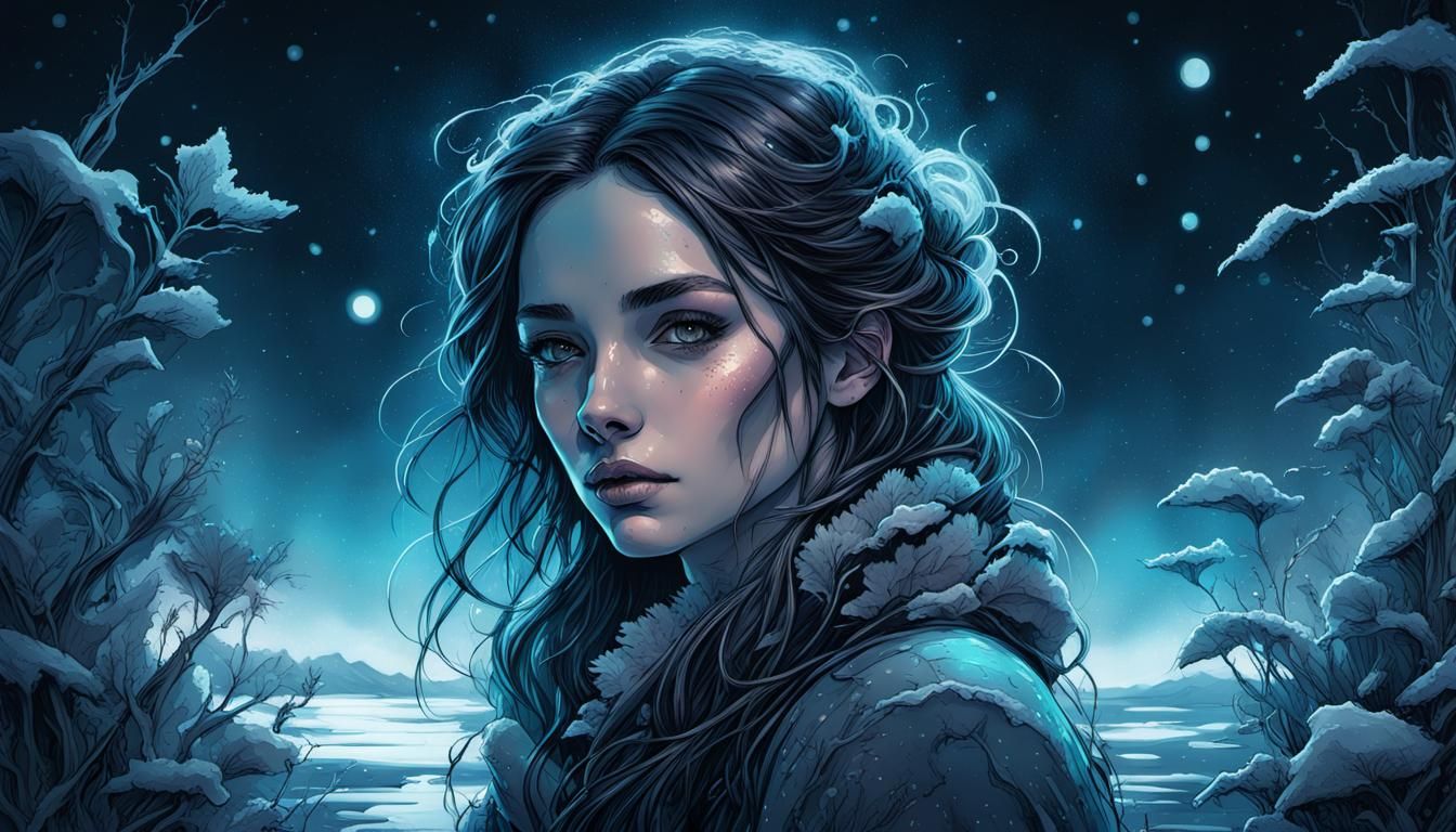 Bioluminescent Girl in Winter Moonlight, Dark Fantasy Linear...