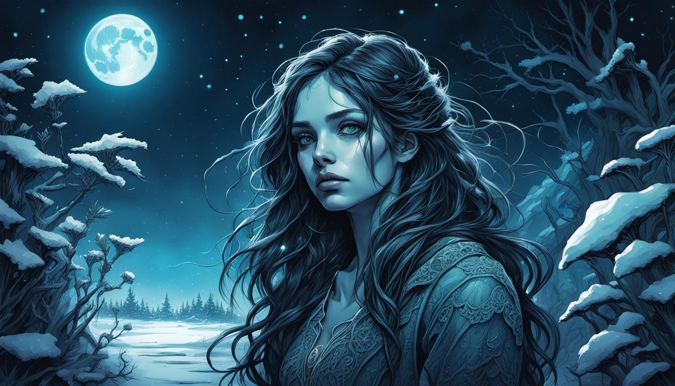 Bioluminescent Girl in Snowy Moonlight Night
