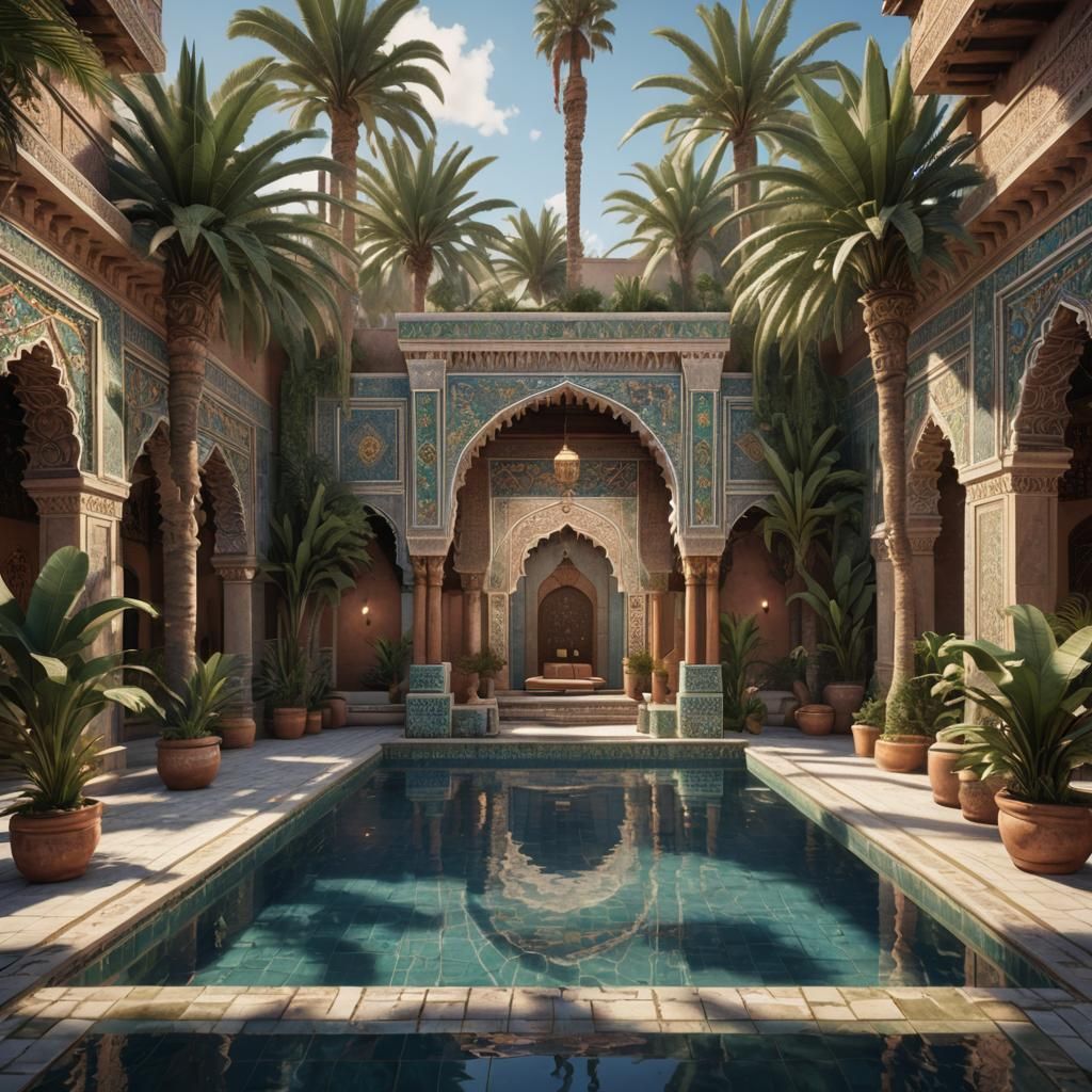Moroccan Pool with Ornate Tilework: Digital Art