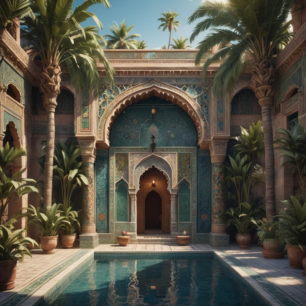 Moroccan Pool with Ornate Tilework: Digital Art