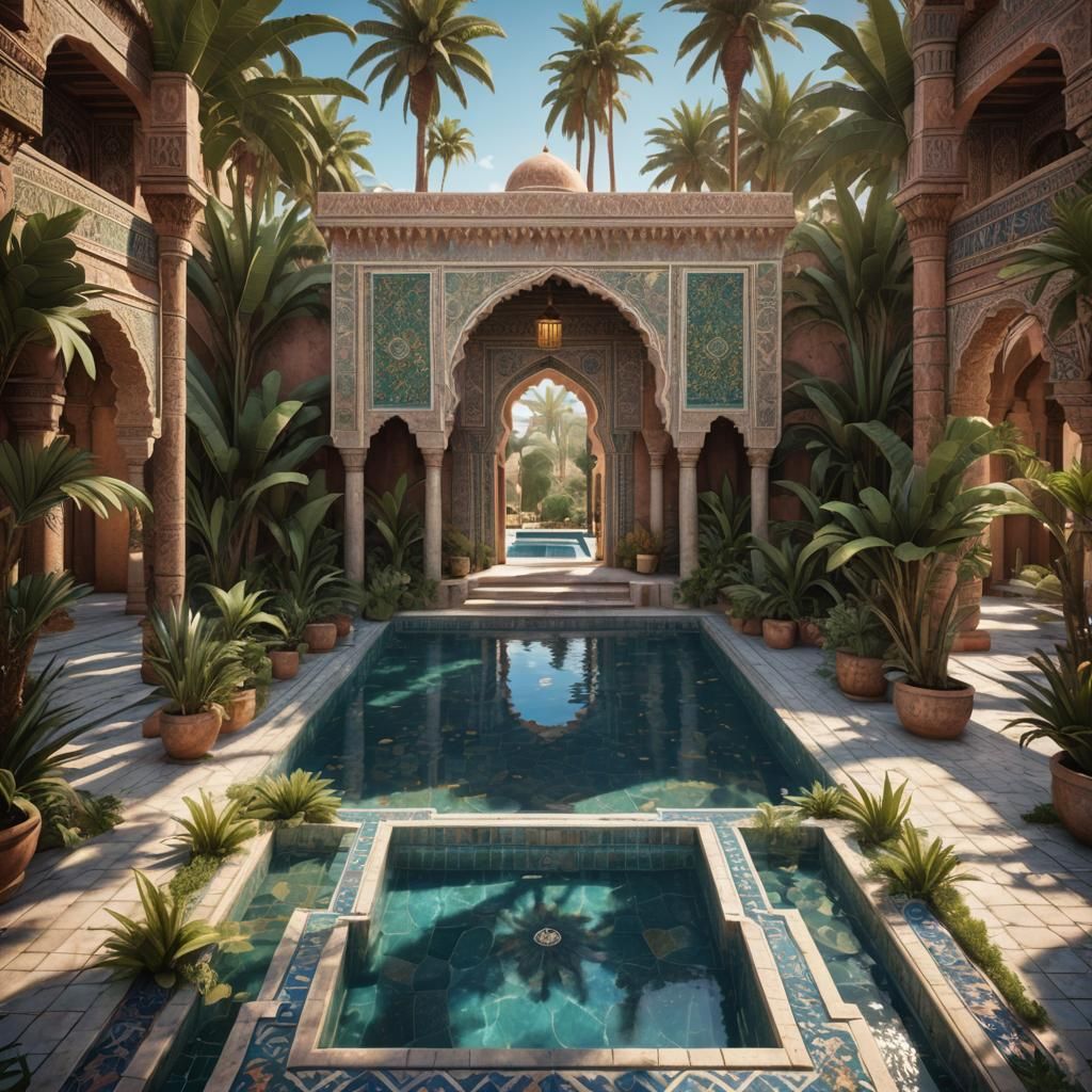 Moroccan Pool with Ornate Tilework in Detailed Matte Paintin...