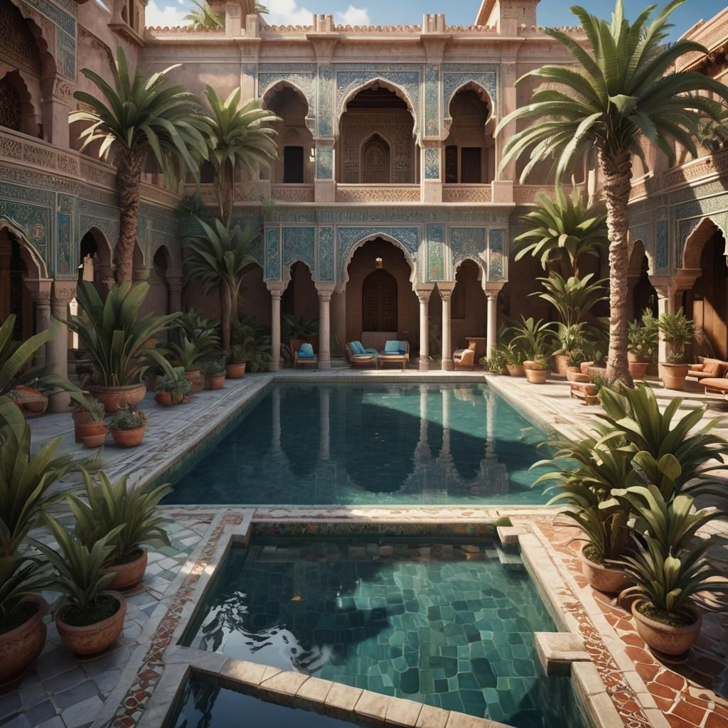 Moroccan Pool with Ornate Tilework and Tropical Palms