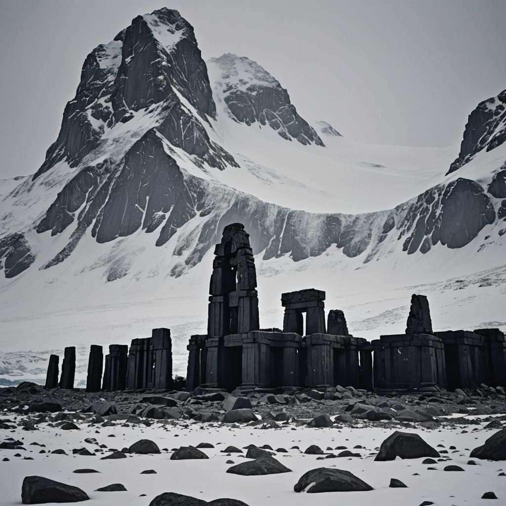Ancient Ruined Temple in Antarctic Landscape