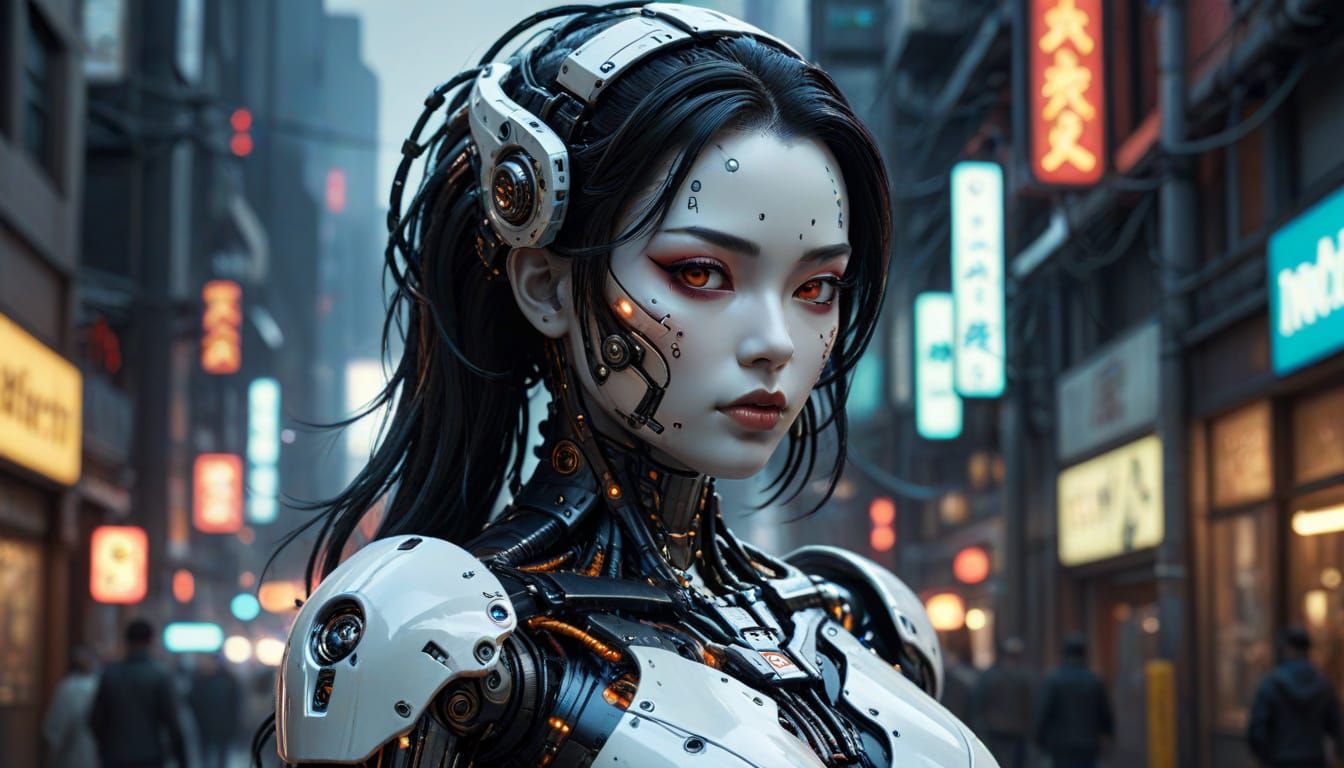 Frightening Japanese Gynoid in Cyberpunk City - Realistic Co...