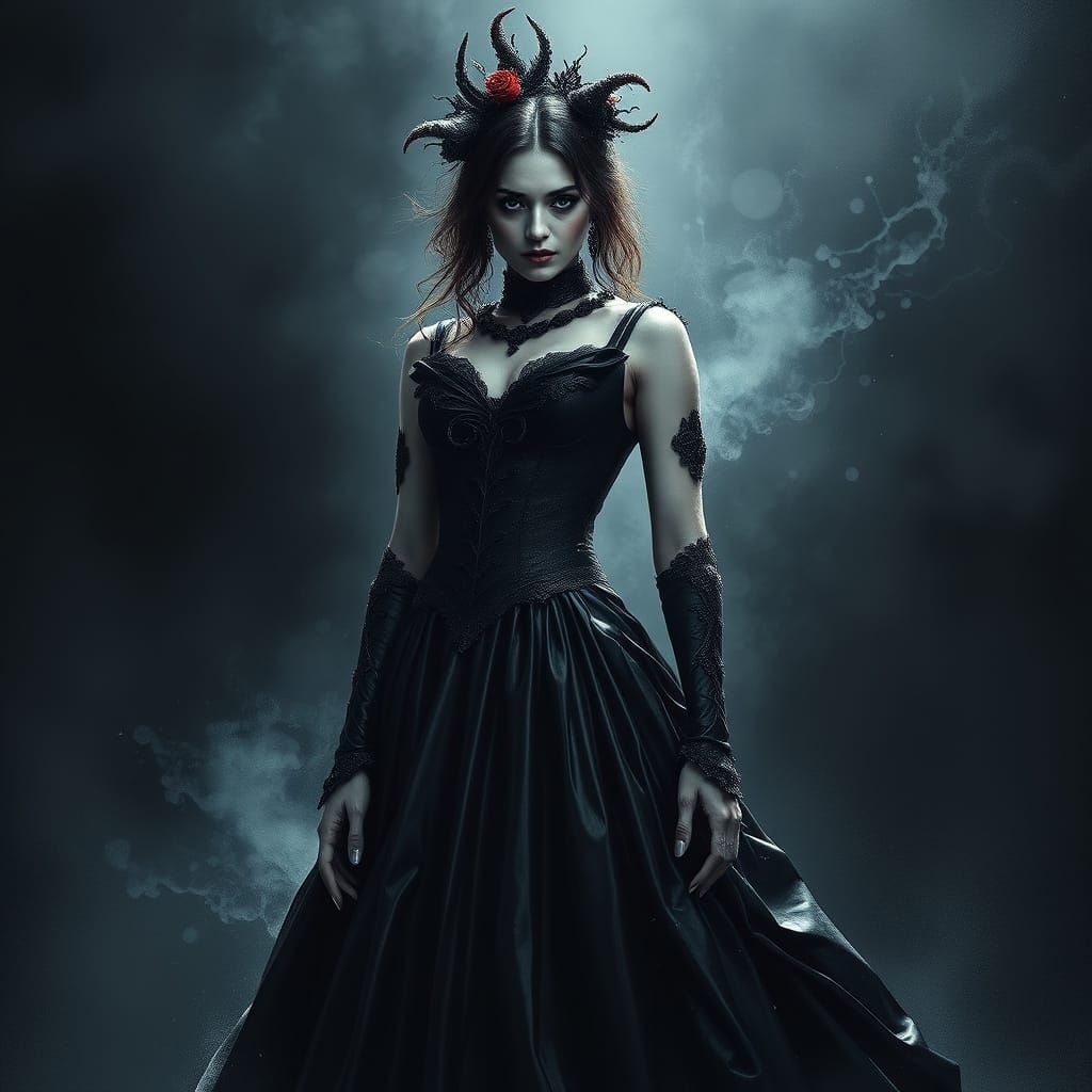 Gothic Goddess in Metallic Black Gown, Shrouded in Chiaroscu...