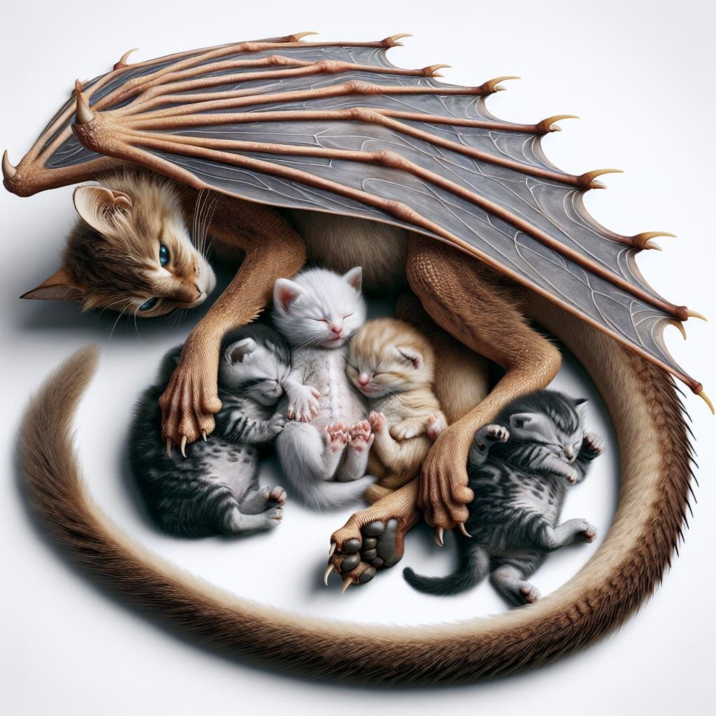 Baby Dragon Cuddles with Kittens in Heartwarming Scene