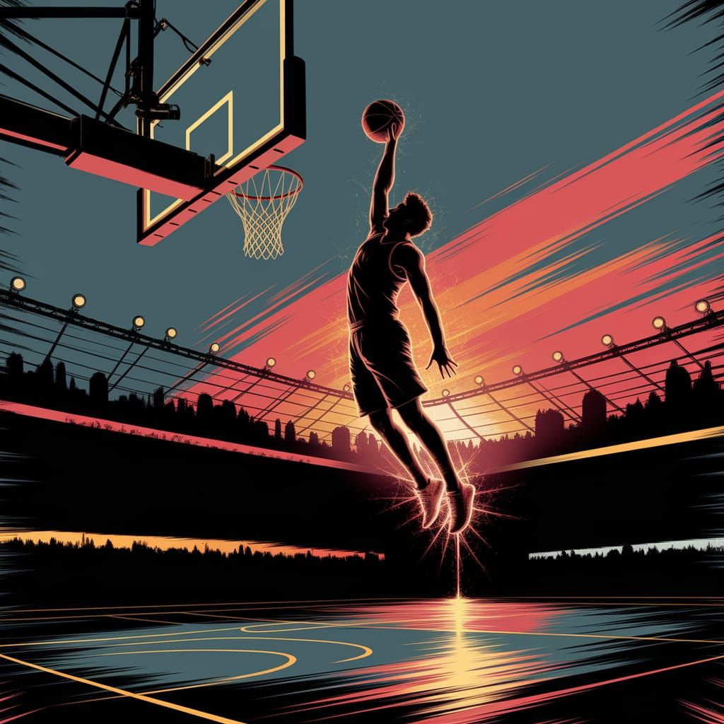 Dramatic Slam Dunk Silhouette at Sunset