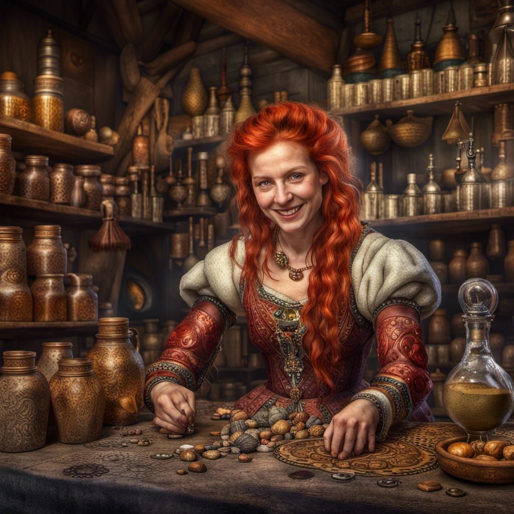 Medieval Redhead Merchant Selling Potions