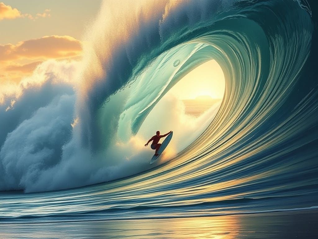 Surreal Beach Scene with Surfer in Vibrant, Dynamic Style