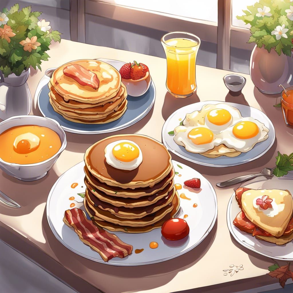 Realistic Anime Breakfast Feast on Table