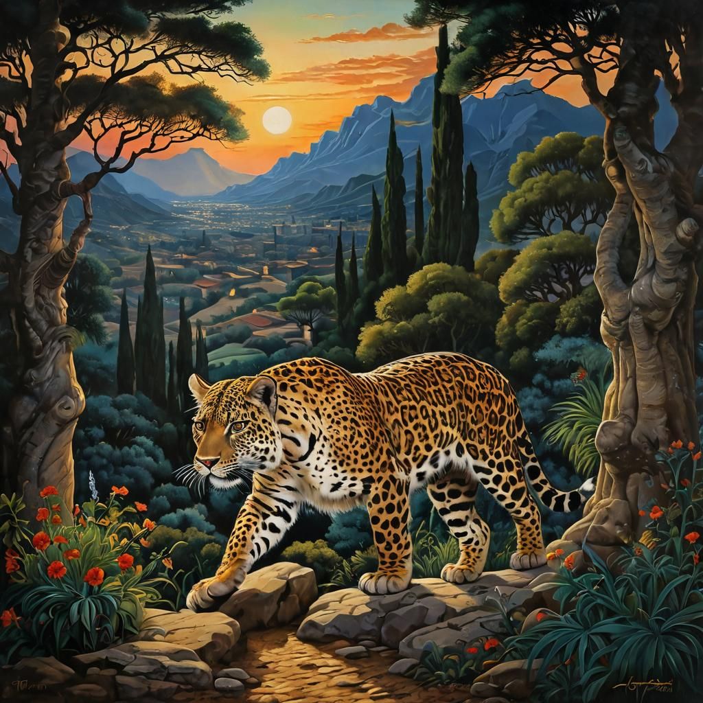 Leopard Painting in Neo-Impressionism Style